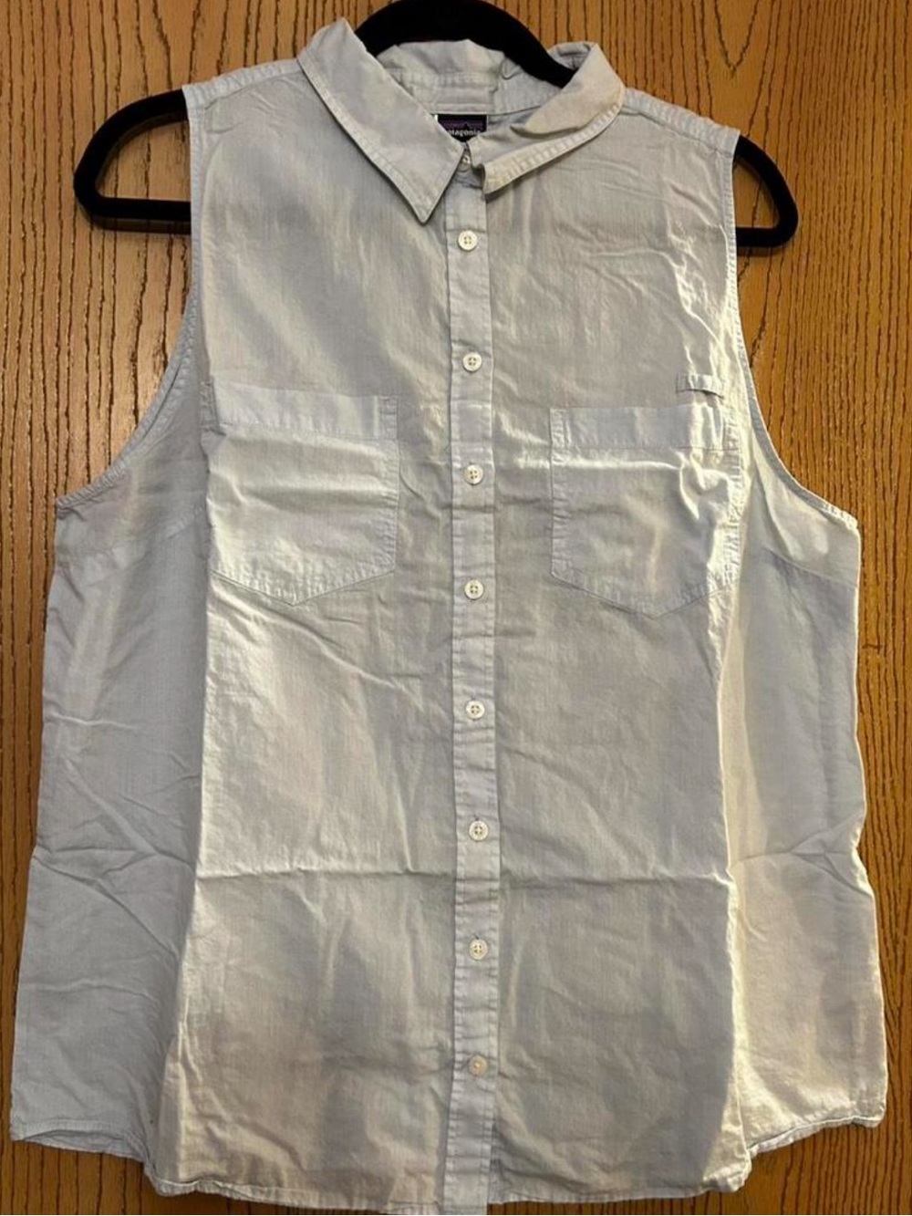 Patagonia Women's XL Light Blue
Sleeveless Collared Button-Up Organic
Cotton